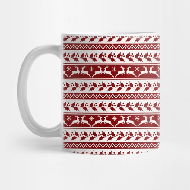 Dark Christmas Candy Apple Red Nordic Reindeer Stripe in White by podartist